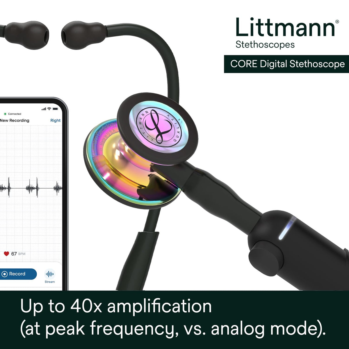 3M Littmann CORE Digital Stethoscope, Our Most Advanced Stethoscope Yet, Up To 40x Amplification, Active Noise Cancellation, In-App Sound Wave Visualization, Black-Finish Chestpiece, 8480