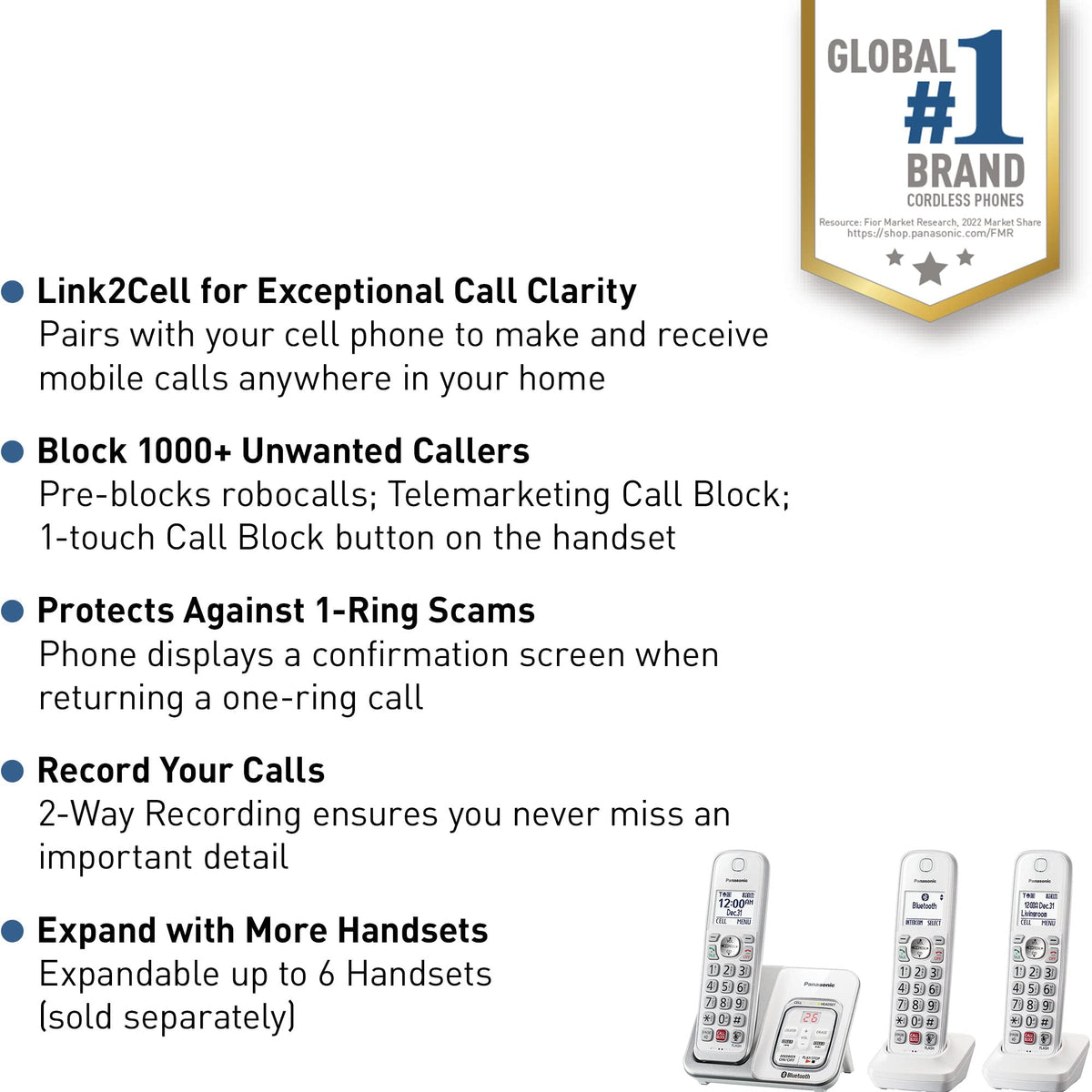 Panasonic Cordless Phone with Answering Machine, Link2Cell Bluetooth Home Phones, Voice Assistant and Advanced Call Blocking, Expandable System with 4 Handsets, Cordless Telephone, KX-TGD864W (White)