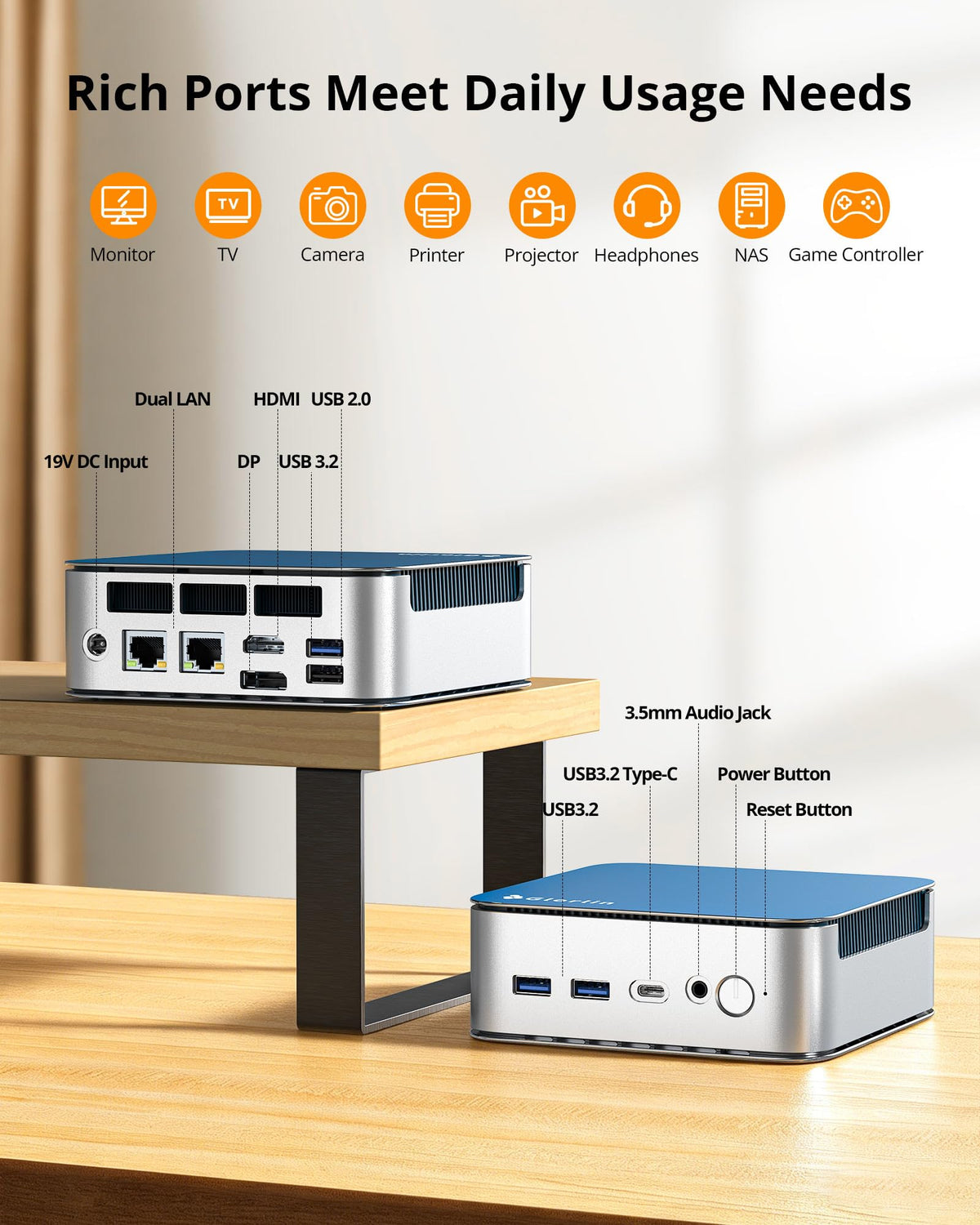 Glorlin Mini PC - Ryzen 5 3501U (up to 3.7GHz), 16GB DDR4 512GB SSD, Mini Desktop Computer with Triple 4K Display Support, WiFi 6 Bluetooth 5.3, Small Micro PC for Work, Study & Multitasking