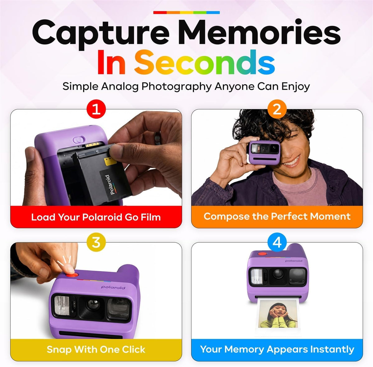 Polaroid Go Generation 3 Instant Film Camera Bundle with Go Color Film 16 Exposures, Protective Hard Case, Wrist Strap, & Accs. for Instant Photography (Purple)