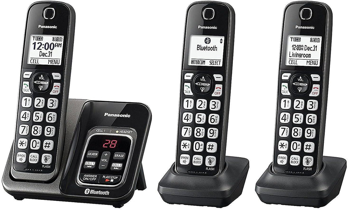 Panasonic 3 Handset Expandable Cordless Phone System with Link2Cell Bluetooth, Voice Assistant, Answering Machine and Call Blocking - KX-TGD563M (Metallic Black)