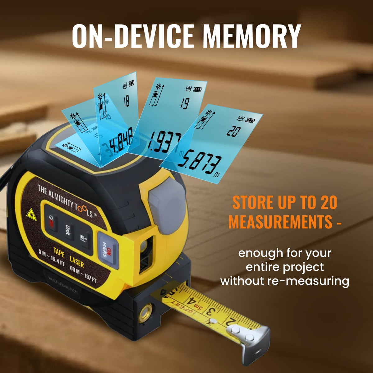 The Almighty Ruler Laser Tape Measure | Smart Range Finder | 196ft/ 60m