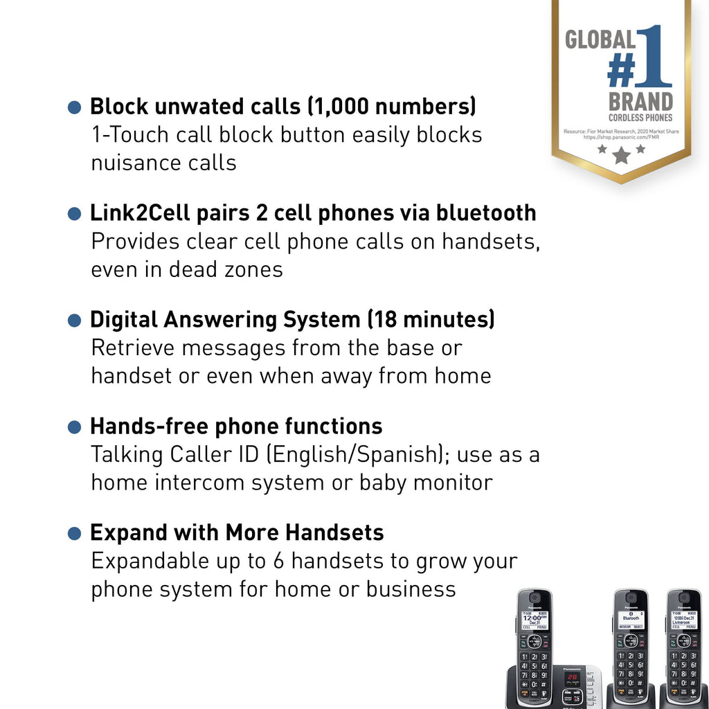 Panasonic DECT 6.0 Expandable System, Cordless Phones with Answering Machine and Call Blocking - 3 Cordless Phones 3 Handsets - KX-TGE633M (Metallic Black)