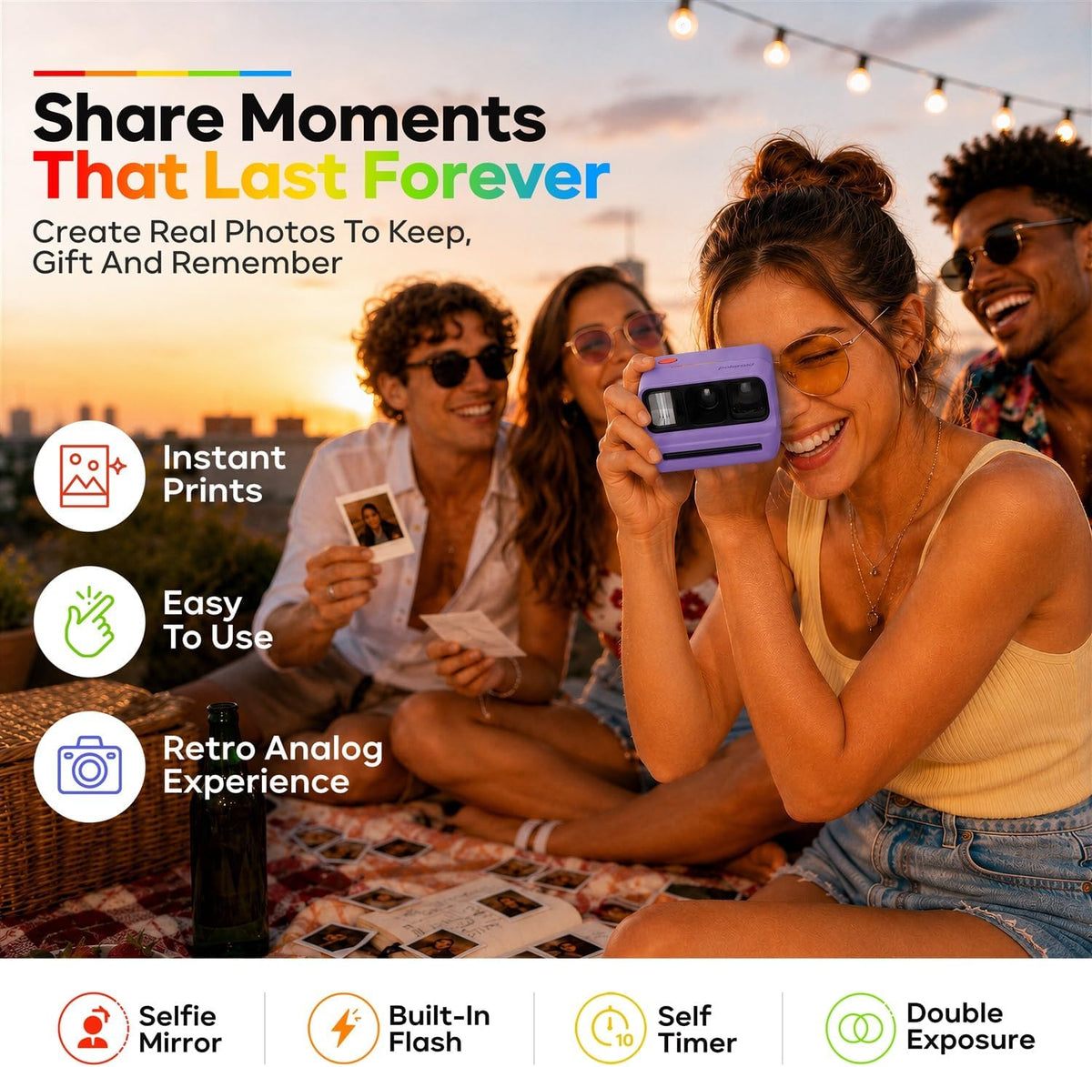 Polaroid Go Generation 3 Instant Film Camera Bundle with Go Color Film 16 Exposures, Protective Hard Case, Wrist Strap, & Accs. for Instant Photography (Purple)
