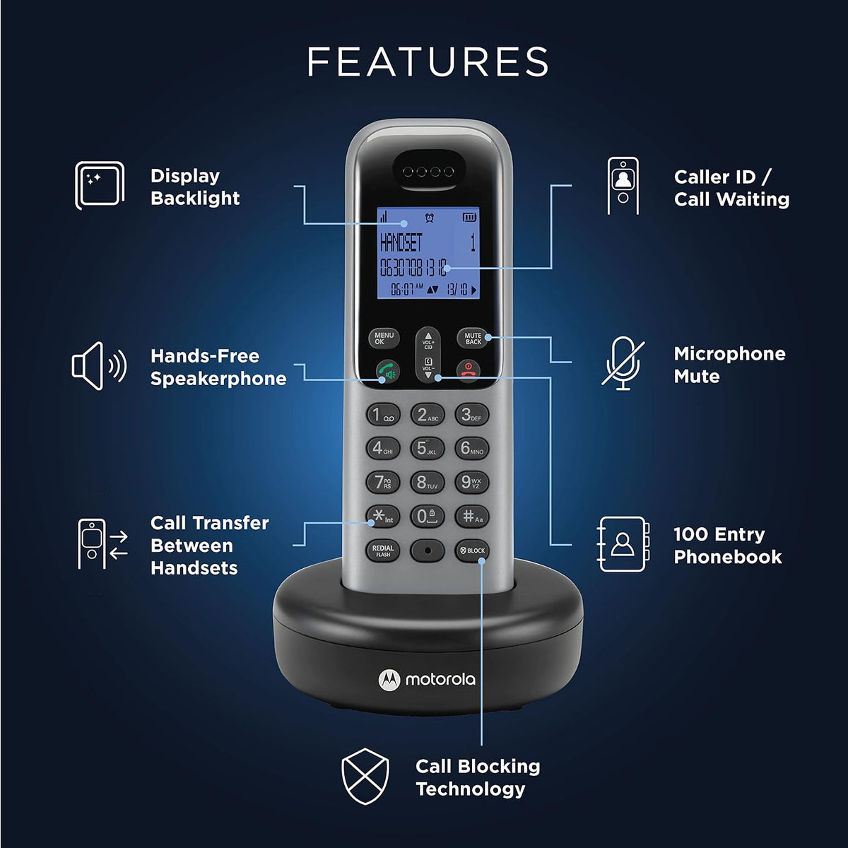 Motorola Voice T604 Cordless Phone System w/4 Digital Handsets, Speakerphone, and Call Block - Dark Grey