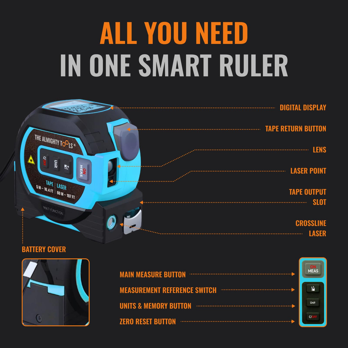 The Almighty Ruler Laser Tape Measure | Smart Range Finder | 196ft/ 60m