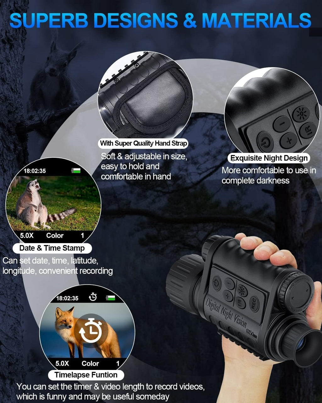 WiFi Night Vision Monocular Support Smartphone iOS/Android Night Watching HD in Full Darkness Clearly Infrared Camera Telescope 12MP Photo Video 5X Digital Zoom Night Vision Binocular
