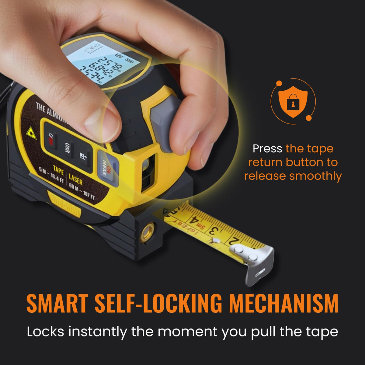 The Almighty Ruler Laser Tape Measure | Smart Range Finder | 196ft/ 60m