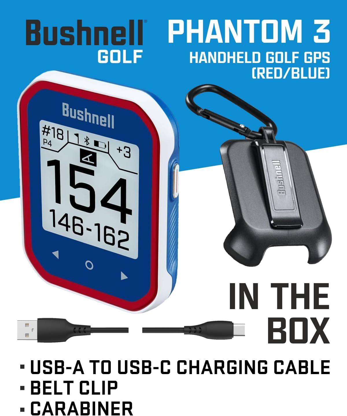 Bushnell Phantom 3 Slope Golf GPS Rangefinder (Blue) with BITE Magnetic Mount and GreenView with Slope-Adjusted Distances, 38,000+ Courses, Auto Hole Advance with Wearable4U Cleaning Cloth Bundle