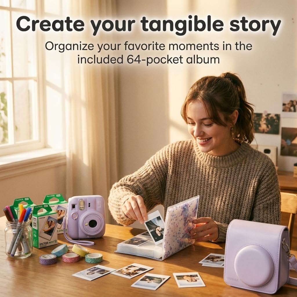 Fujifilm Instax Mini 13 Instant Camera Dreamy Purple + Fuji Film Value Pack (40 Sheets) + Tudak Accessories Bundle, Incl. Compatible Carrying Case, Quicksand Beads Photo Album 64 Pockets