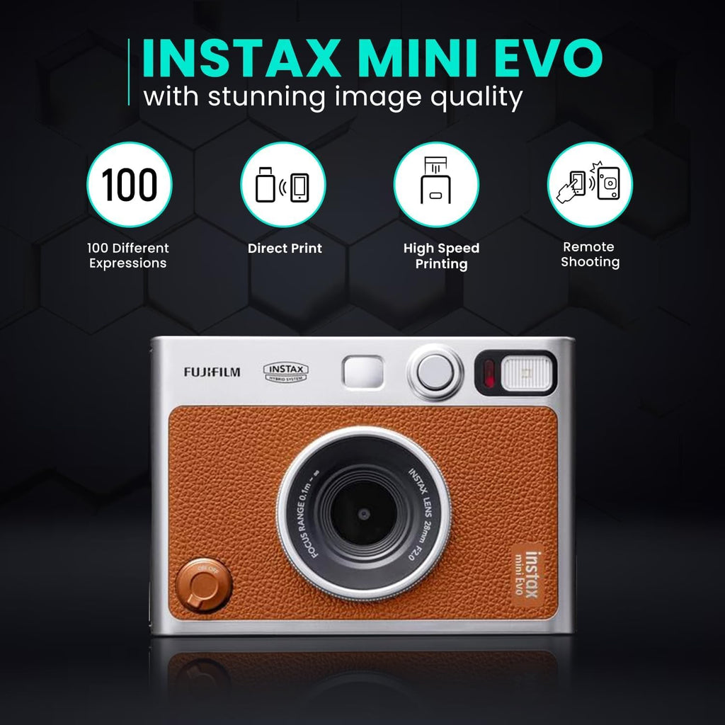 Fujifilm Instant Mini EVO Hybrid Camera Bundle with 20 Instant Film Sheets + 32GB Memory Card + Carrying Case + Flex Tripod + BluebirdSales Cleaning Cloth (Black)