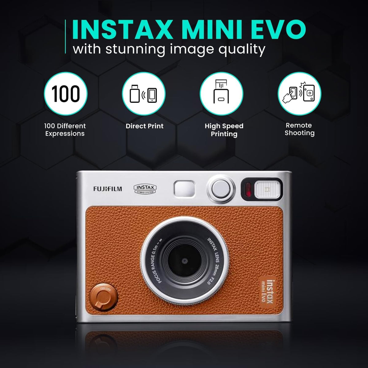 Fujifilm Instant Mini EVO Hybrid Camera Bundle with 20 Instant Film Sheets + 32GB Memory Card + Carrying Case + Flex Tripod + BluebirdSales Cleaning Cloth (Black)