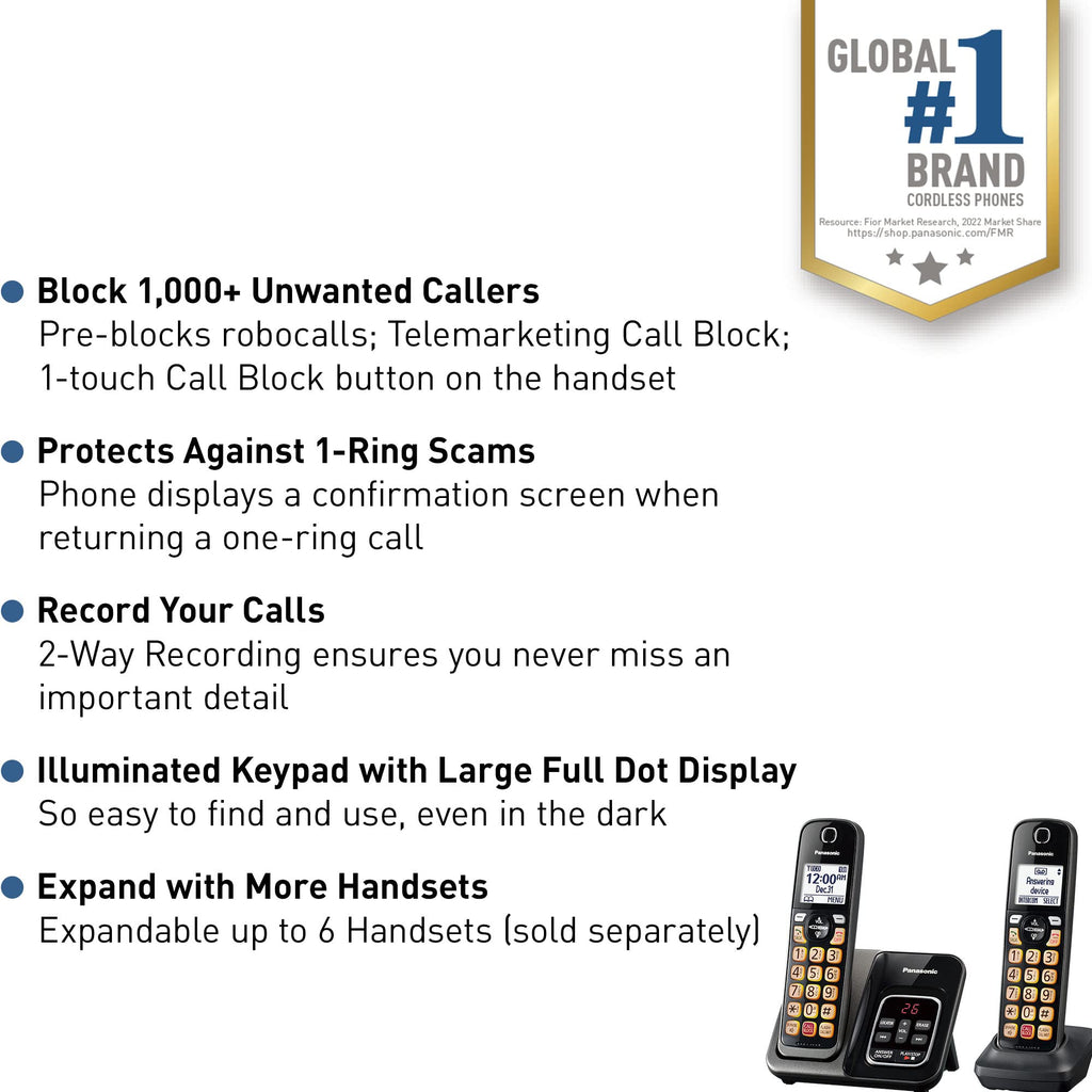 Panasonic Cordless Phone with Answering Machine, Link2Cell Bluetooth Home Phones, Voice Assistant and Advanced Call Blocking, Expandable System with 4 Handsets, Cordless Telephone, KX-TGD864W (White)