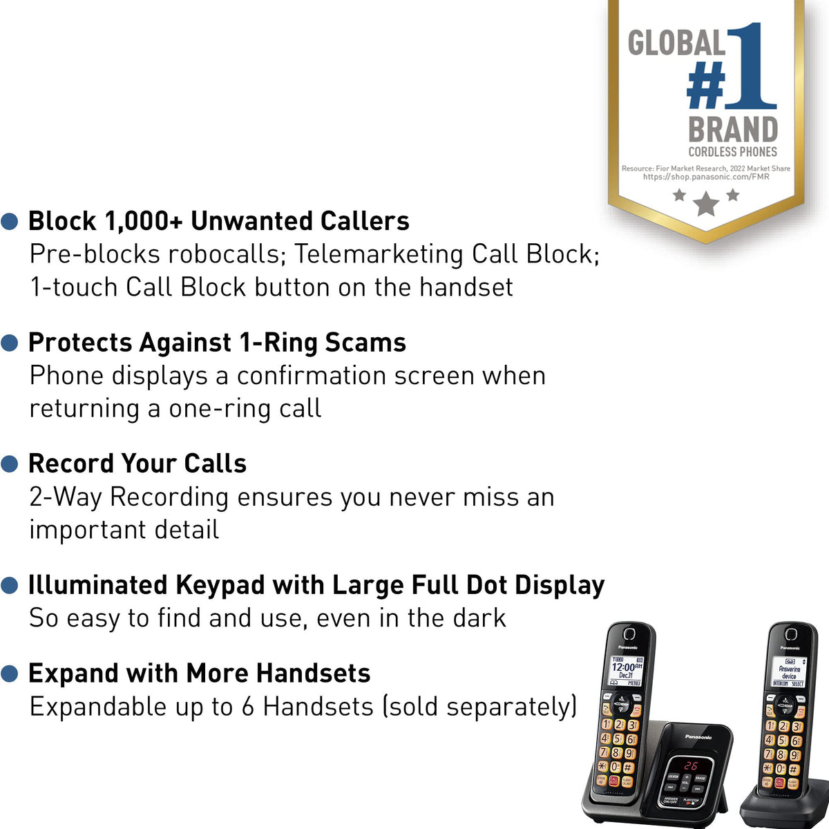 Panasonic Cordless Phone with Answering Machine, Link2Cell Bluetooth Home Phones, Voice Assistant and Advanced Call Blocking, Expandable System with 4 Handsets, Cordless Telephone, KX-TGD864W (White)
