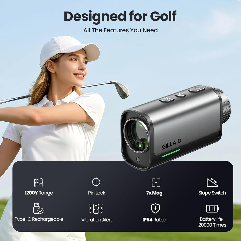 Golf Rangefinder with Slope, 23mm Large Objective Lens Laser Rangefinder, 0.02s Fast Measurement, 7X Magnification, USB-C Rechargeable Golf Range Finders for Golf & Tournament Legal
