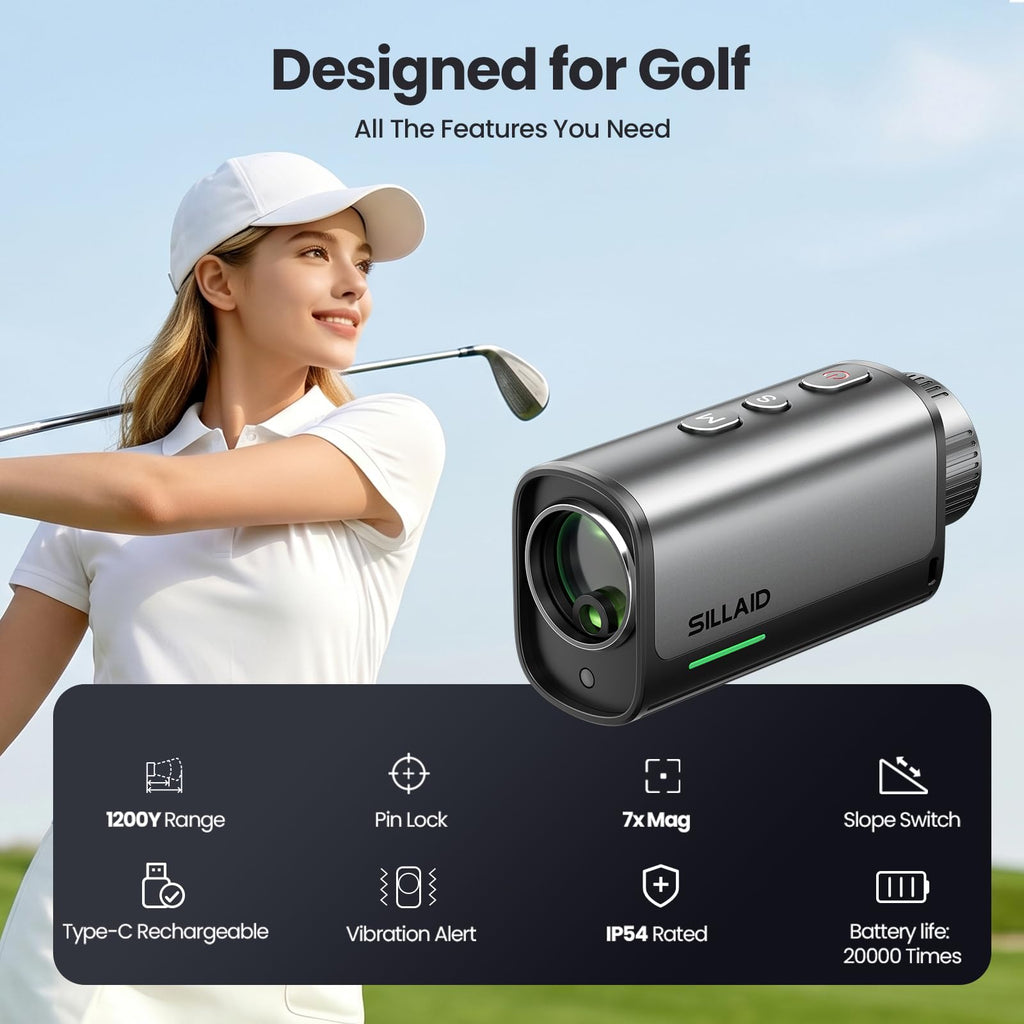 Golf Rangefinder with Slope, 23mm Large Objective Lens Laser Rangefinder, 0.02s Fast Measurement, 7X Magnification, USB-C Rechargeable Golf Range Finders for Golf & Tournament Legal