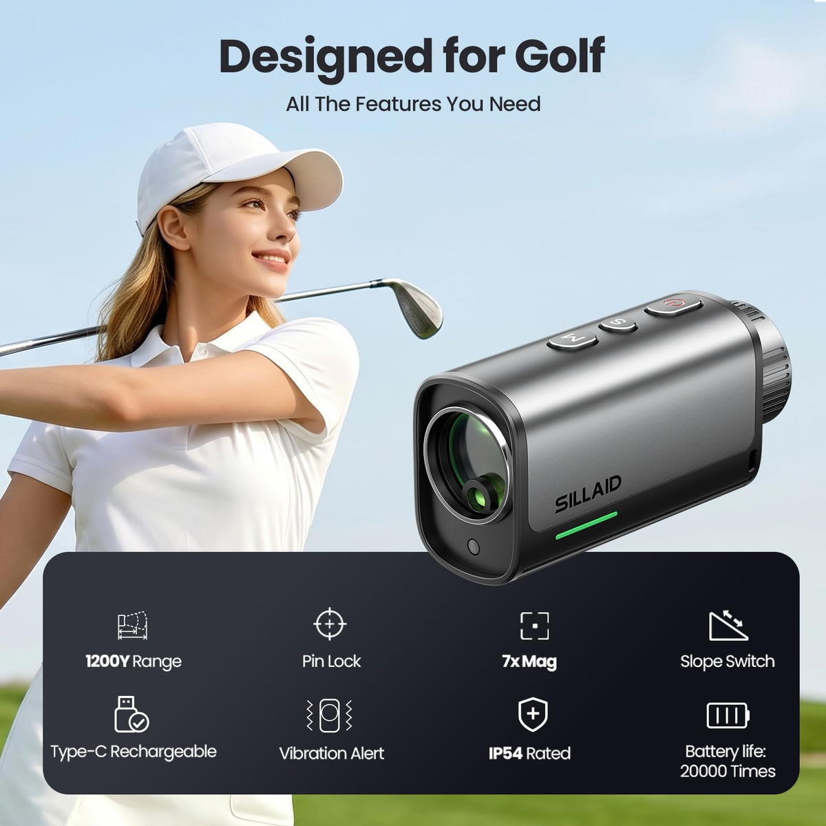 Golf Rangefinder with Slope, 23mm Large Objective Lens Laser Rangefinder, 0.02s Fast Measurement, 7X Magnification, USB-C Rechargeable Golf Range Finders for Golf & Tournament Legal