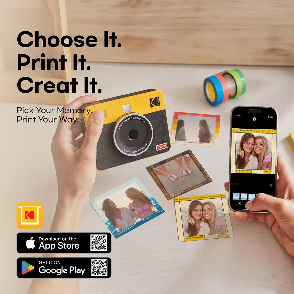 KODAK Mini Shot 3 Retro 3x3 Instant Camera, Photo Printer, 38 Sheet, White