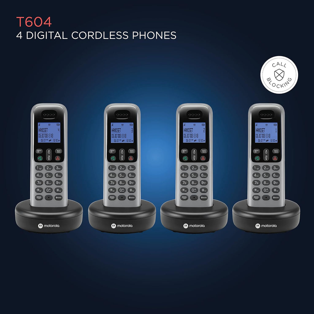 Motorola Voice T604 Cordless Phone System w/4 Digital Handsets, Speakerphone, and Call Block - Dark Grey