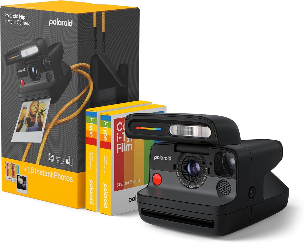 Polaroid Flip Instant Camera + Color Film Bundle (16 Photos Included) - Black (6565) - Hyperfocal 4-Lens System, Sonar autofocus, and Sence Analysis with Bluetooth paired Companion app