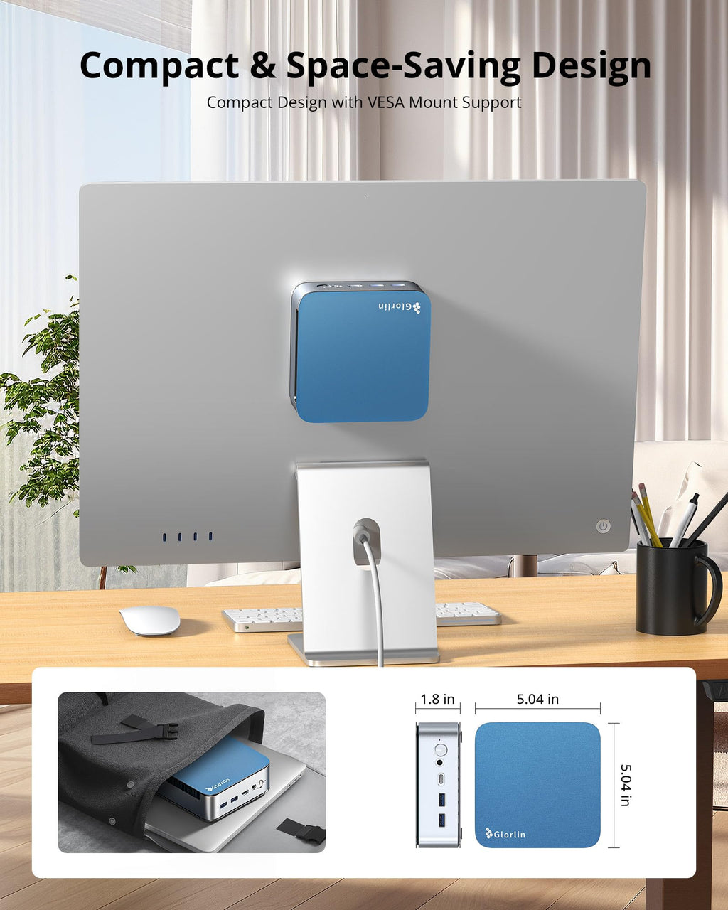 Glorlin Mini PC - Ryzen 5 3501U (up to 3.7GHz), 16GB DDR4 512GB SSD, Mini Desktop Computer with Triple 4K Display Support, WiFi 6 Bluetooth 5.3, Small Micro PC for Work, Study & Multitasking