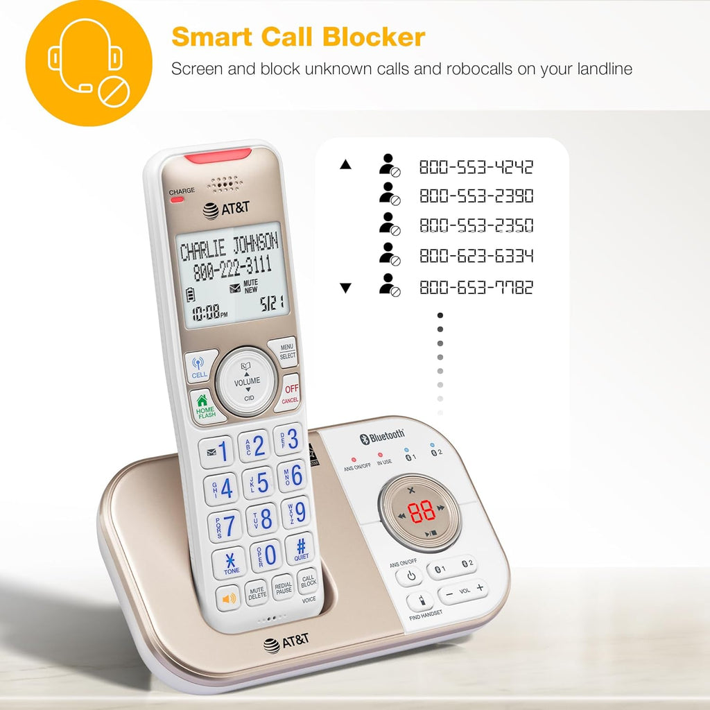 AT&T BL3112-3 3-Handset DECT 6.0 Cordless Phone for Home with Bluetooth Connect to Cell, Smart Call Blocker, Answering Machine, Caller ID, Expandable up to 5 Handsets, Champagne Gold/White