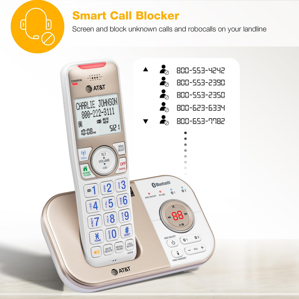 AT&T BL3112-3 3-Handset DECT 6.0 Cordless Phone for Home with Bluetooth Connect to Cell, Smart Call Blocker, Answering Machine, Caller ID, Expandable up to 5 Handsets, Champagne Gold/White