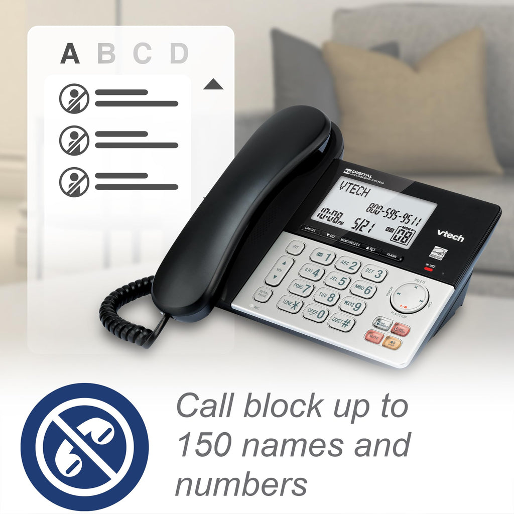 VTech VG208-2 DECT 6.0 Corded/Cordless Phone System with 2 Handsets, Digital Answering Machine, Call Blocking, Caller ID, Large Backlit Display