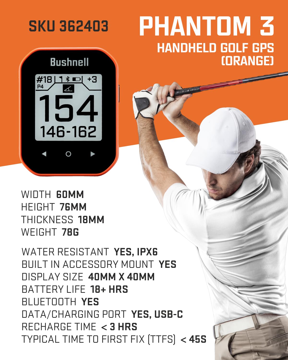 Bushnell Phantom 3 Slope Golf GPS Rangefinder (Blue) with BITE Magnetic Mount and GreenView with Slope-Adjusted Distances, 38,000+ Courses, Auto Hole Advance with Wearable4U Cleaning Cloth Bundle