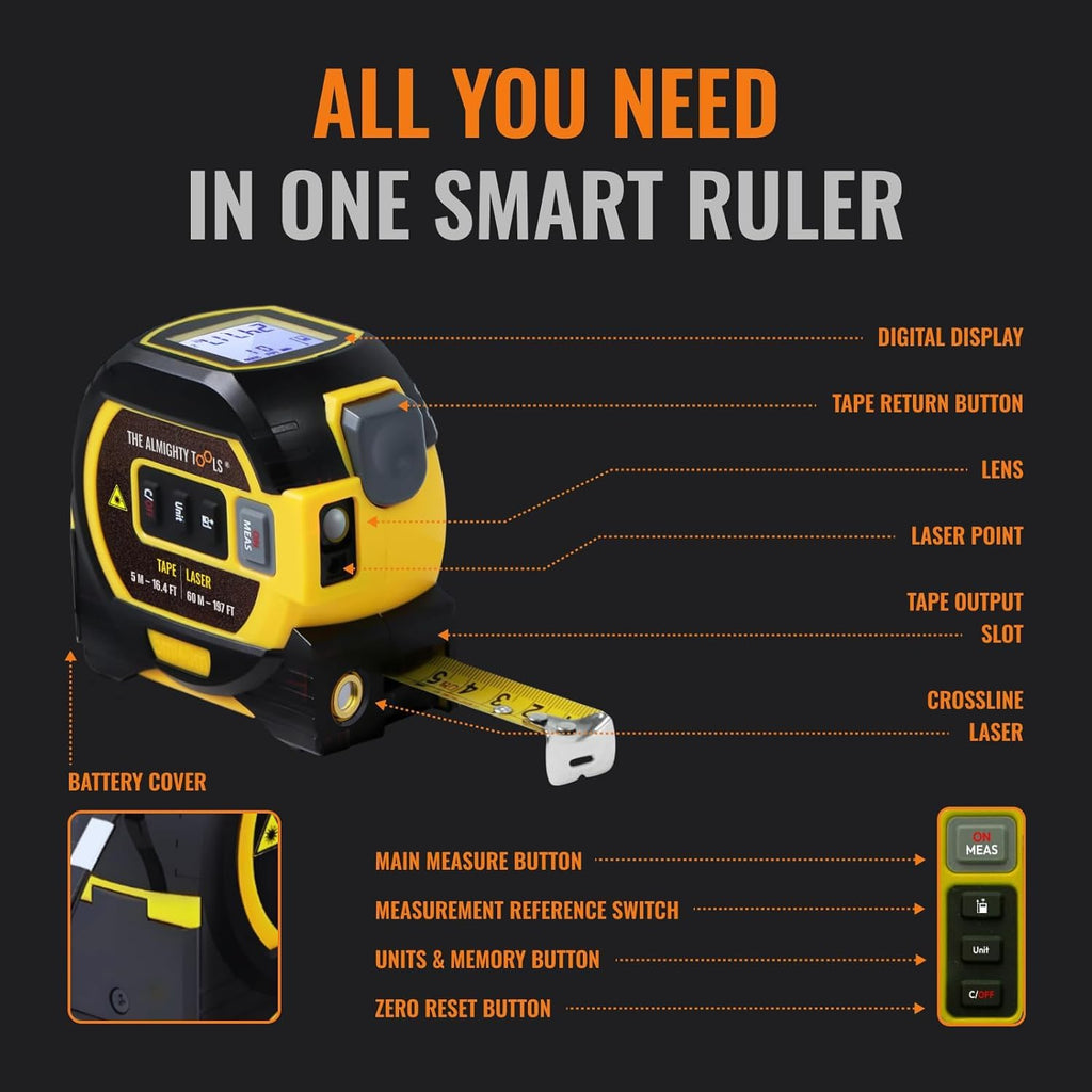 The Almighty Ruler Laser Tape Measure | Smart Range Finder | 196ft/ 60m
