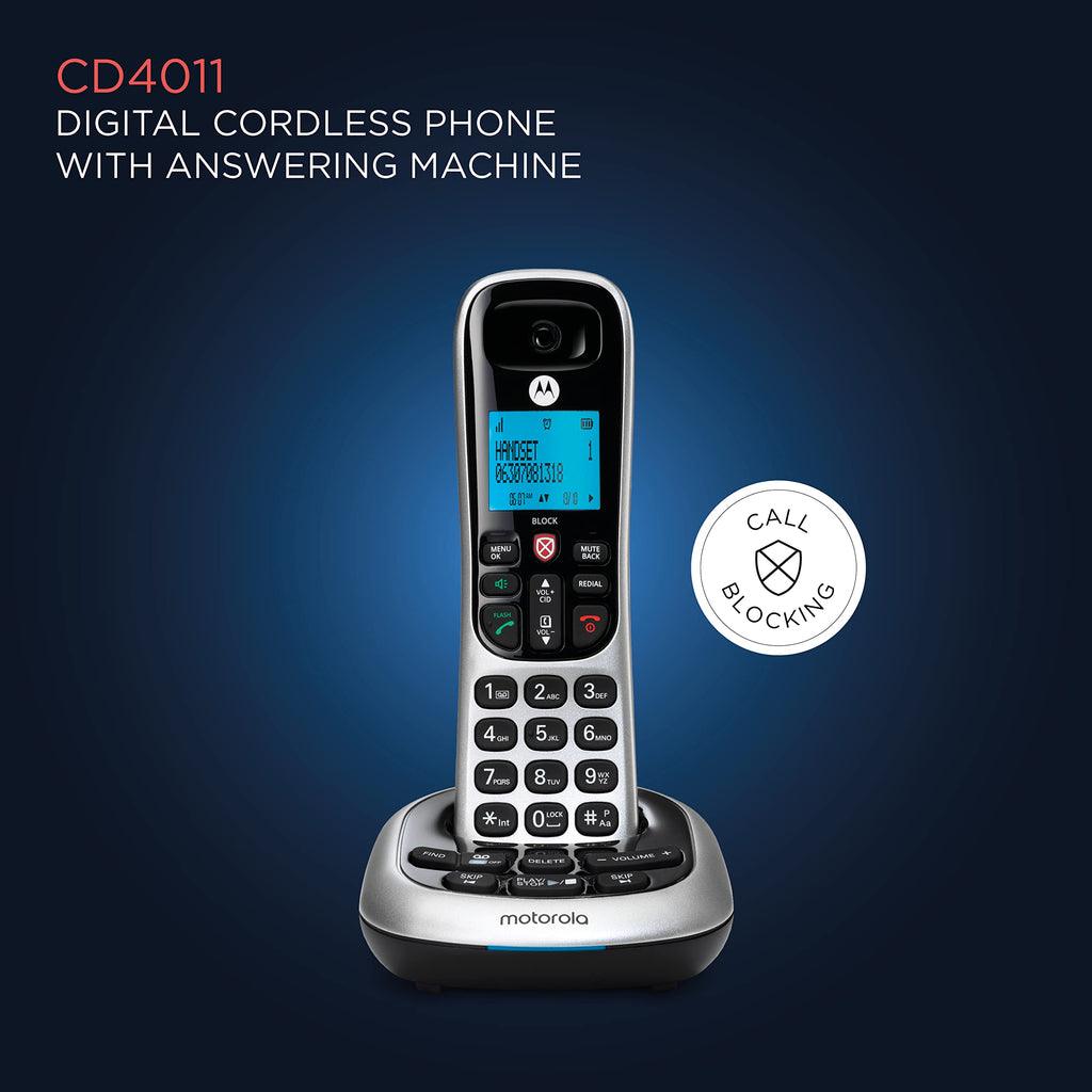 Motorola CD4014 DECT 6.0 Cordless Phone with Answering Machine and Call Block, Silver/Black, 4 Handsets