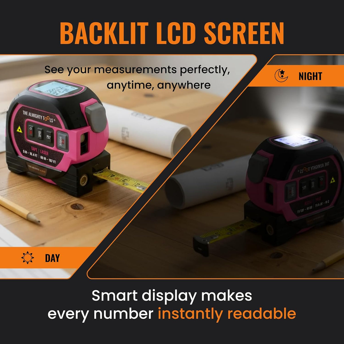 The Almighty Ruler Laser Tape Measure | Smart Range Finder | 196ft/ 60m