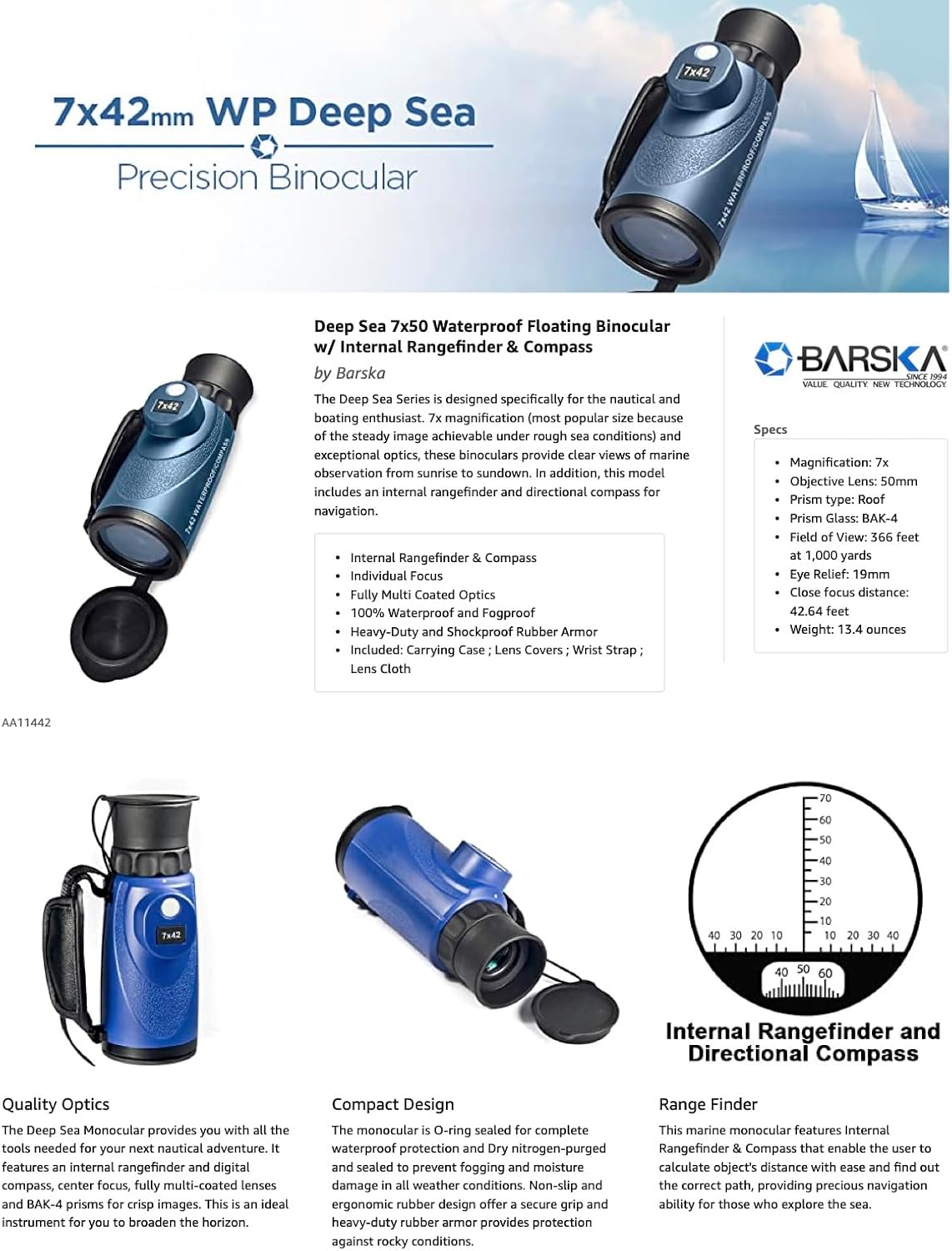 Barska 7x42 Deep Sea Waterproof Monocular with Compass & Rangefinding Reticle â Marine, Sailing & Outdoor Adventure Gear