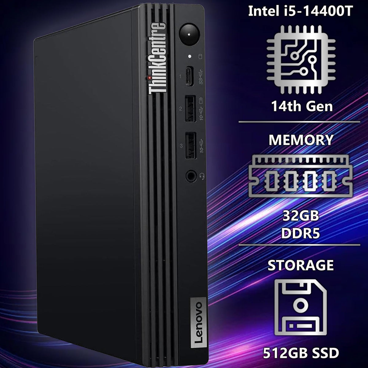 Lenovo ThinkCentre Tiny M70q Gen 6, Intel Ultra Core S3 (Beats i7-13700T), 32GB DDR5, 1TB NVMe, DisplayPort, HDMI, WiFi 6E, RJ-45, Wired KB & Mouse, Win 11 Pro, AI Business Desktop â Black