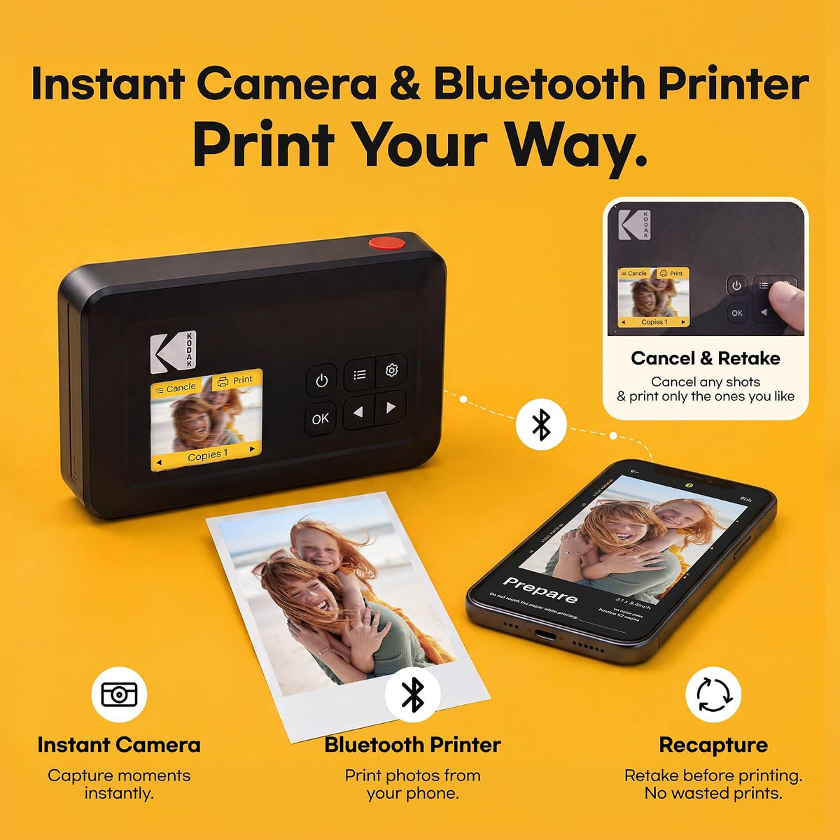 KODAK Mini Shot 2 Retro 2x3 Instant Camera, Photo Printer, 38 Sheet, White