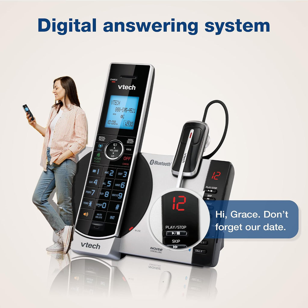 VTech-Cordless Phone with Answering Machine with DECT 6.0 Headset, Bluetooth, Connect to Cell, Caller ID/Call Waiting, Handset Intercom,1,000 Name & Number Phonebook -DS6771-2 Silver/Black