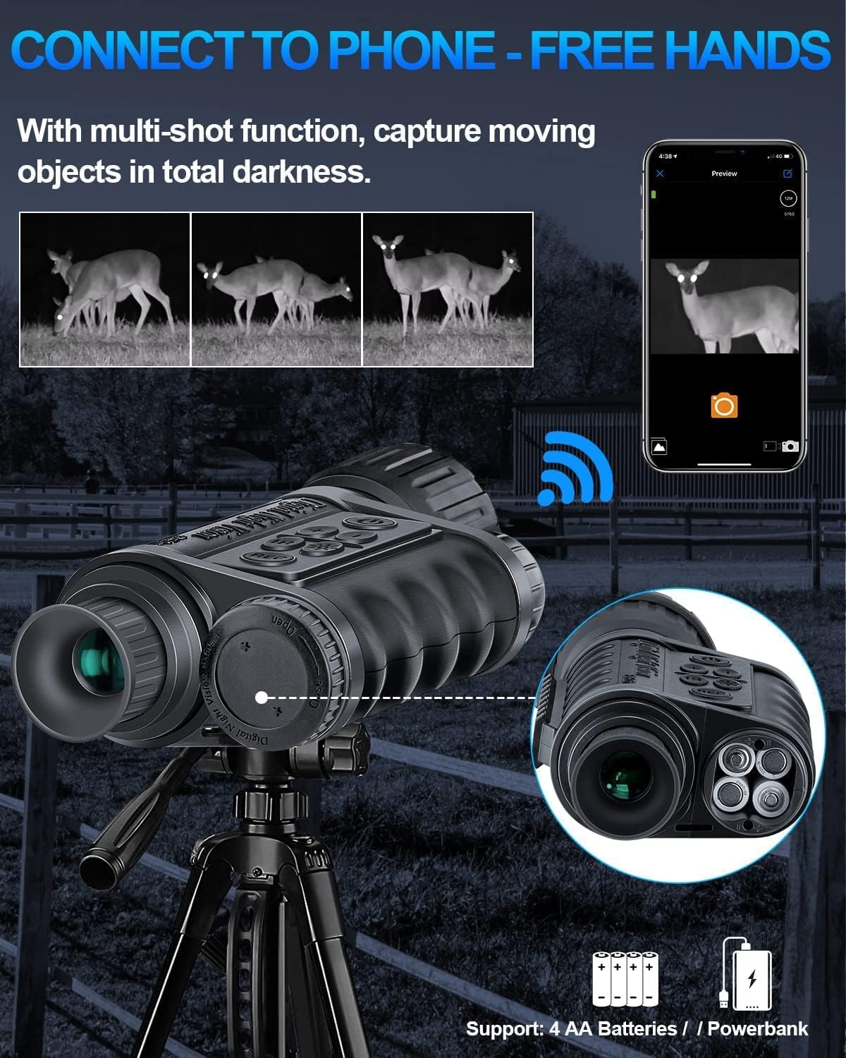 WiFi Night Vision Monocular Support Smartphone iOS/Android Night Watching HD in Full Darkness Clearly Infrared Camera Telescope 12MP Photo Video 5X Digital Zoom Night Vision Binocular