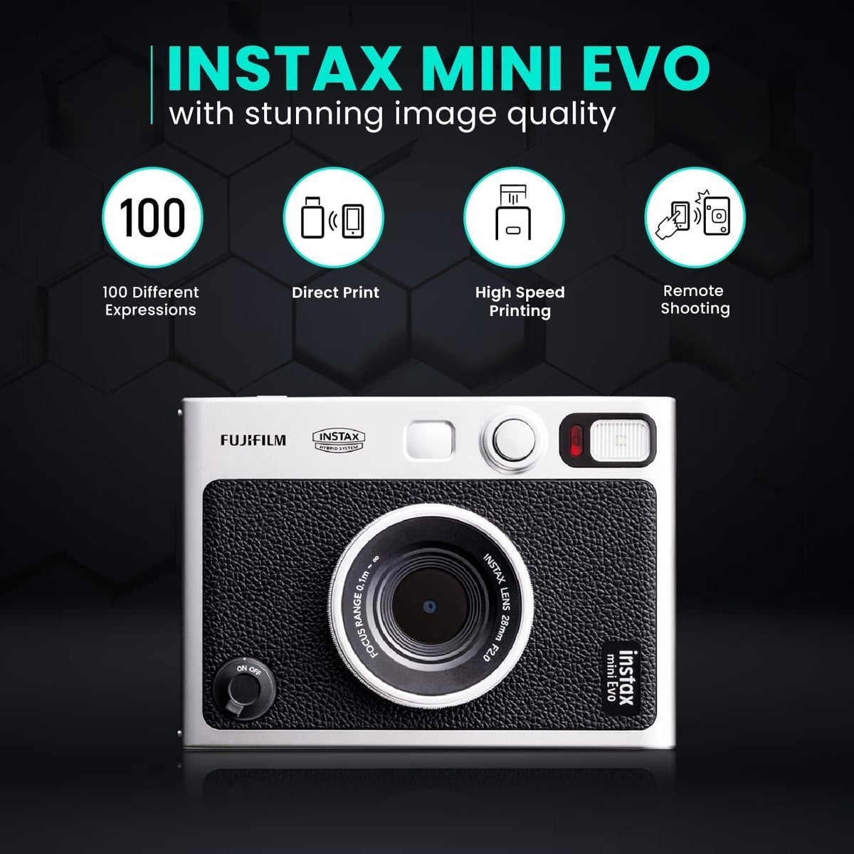Fujifilm Instant Mini EVO Hybrid Camera Bundle with 20 Instant Film Sheets + 32GB Memory Card + Carrying Case + Flex Tripod + BluebirdSales Cleaning Cloth (Black)