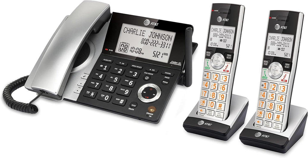 AT&T CL84207 DECT 6.0 2-Handset Corded/Cordless Phone for Home with Long Range, Answering Machine, Call Blocking, Caller ID Announcer, Intercom, and Line-power mode, Silver/Black