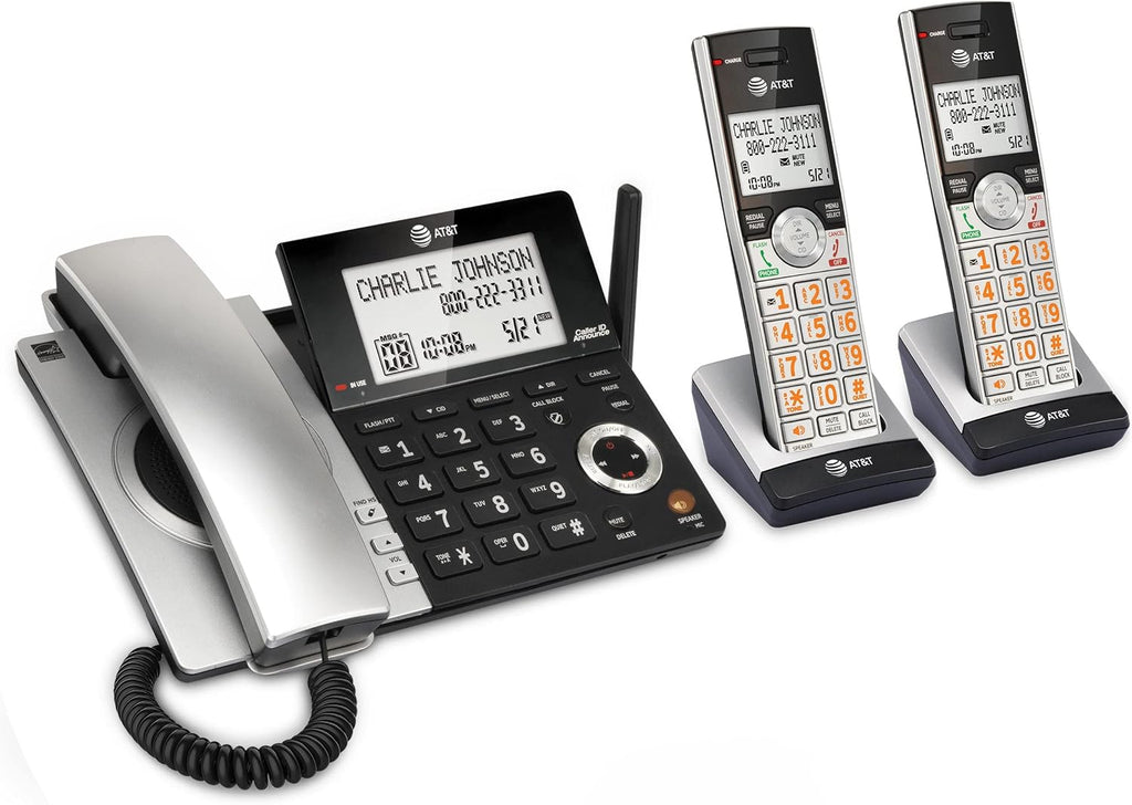 AT&T CL84207 DECT 6.0 2-Handset Corded/Cordless Phone for Home with Long Range, Answering Machine, Call Blocking, Caller ID Announcer, Intercom, and Line-power mode, Silver/Black