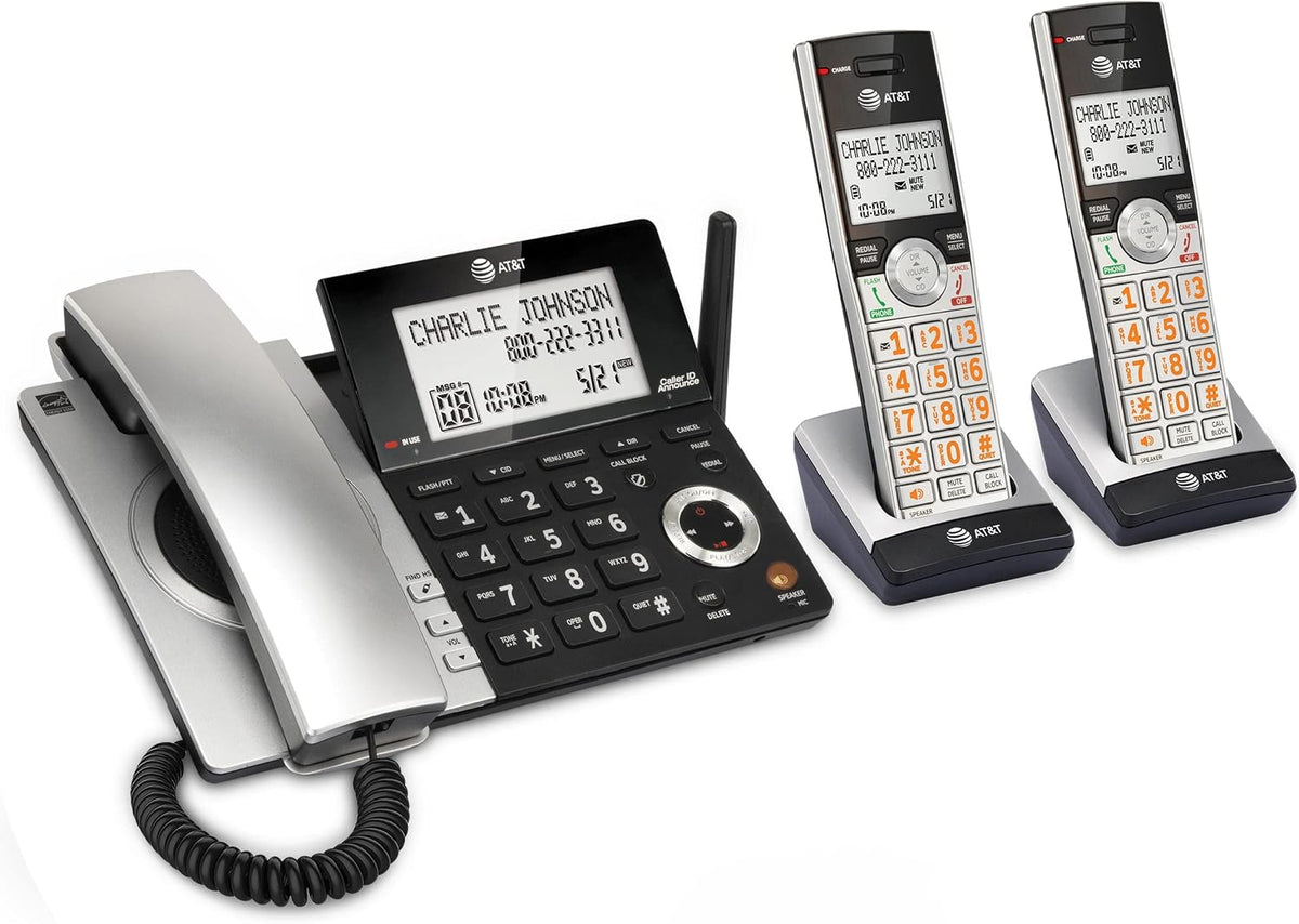 AT&T CL84207 DECT 6.0 2-Handset Corded/Cordless Phone for Home with Long Range, Answering Machine, Call Blocking, Caller ID Announcer, Intercom, and Line-power mode, Silver/Black