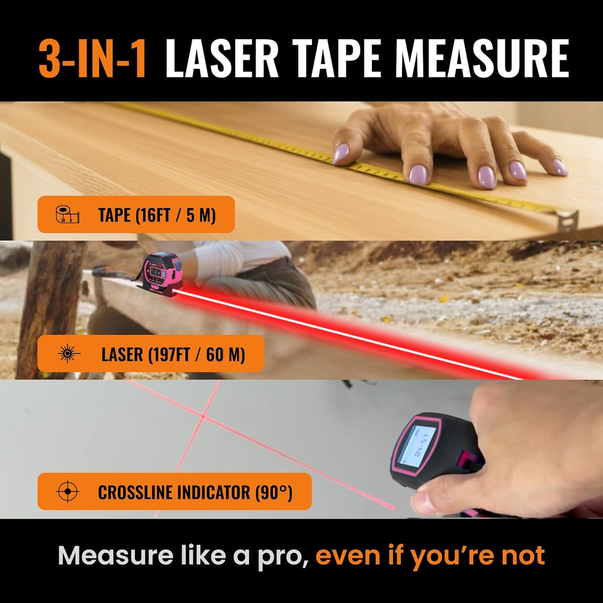 The Almighty Ruler Laser Tape Measure | Smart Range Finder | 196ft/ 60m