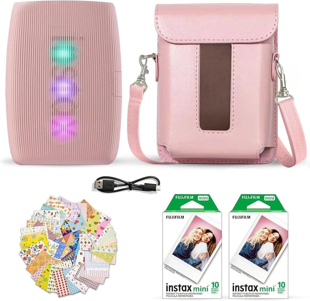 Fujifilm Instax Mini Link 3 Smartphone Printer Rose Pink + Fuji Film Value Pack (20 Sheets)+ Shutter Accessories Bundle, Incl. Protective Case, 20 Sticker Frames, USB Type C Cable
