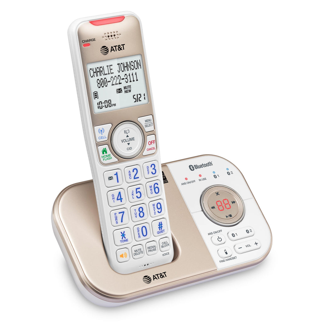 AT&T BL3112-3 3-Handset DECT 6.0 Cordless Phone for Home with Bluetooth Connect to Cell, Smart Call Blocker, Answering Machine, Caller ID, Expandable up to 5 Handsets, Champagne Gold/White
