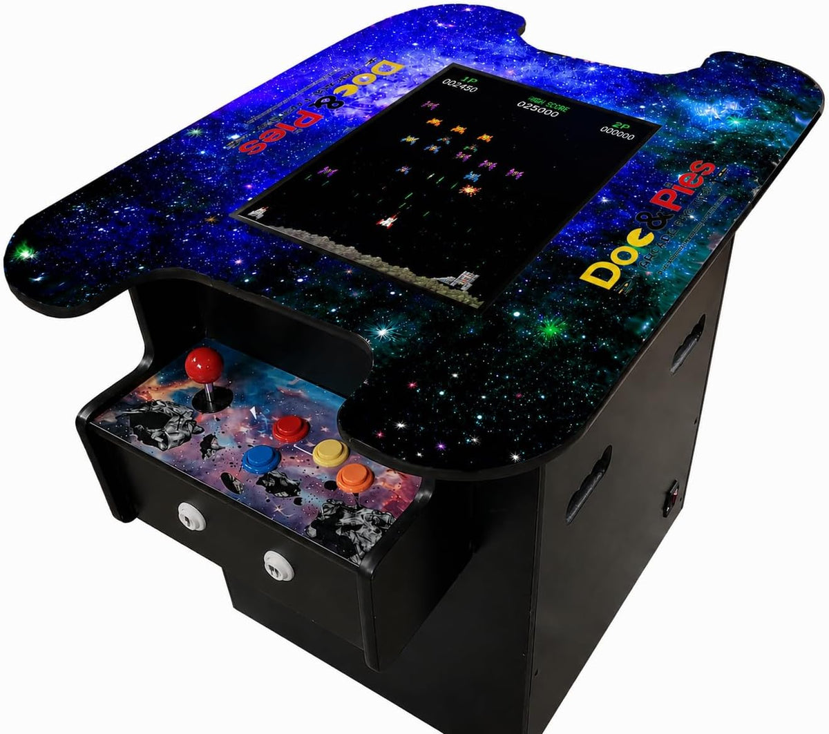 Doc and Pies Arcade Factory 60-Game Full Size Cocktail Arcade Machine â 2 Player Retro Arcade Table with LCD Screen, Joysticks & Buttons â Classic Arcade Cabinet for Home or Game Room