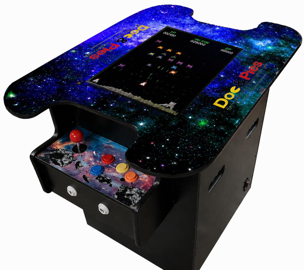 Doc and Pies Arcade Factory 60-Game Full Size Cocktail Arcade Machine â 2 Player Retro Arcade Table with LCD Screen, Joysticks & Buttons â Classic Arcade Cabinet for Home or Game Room