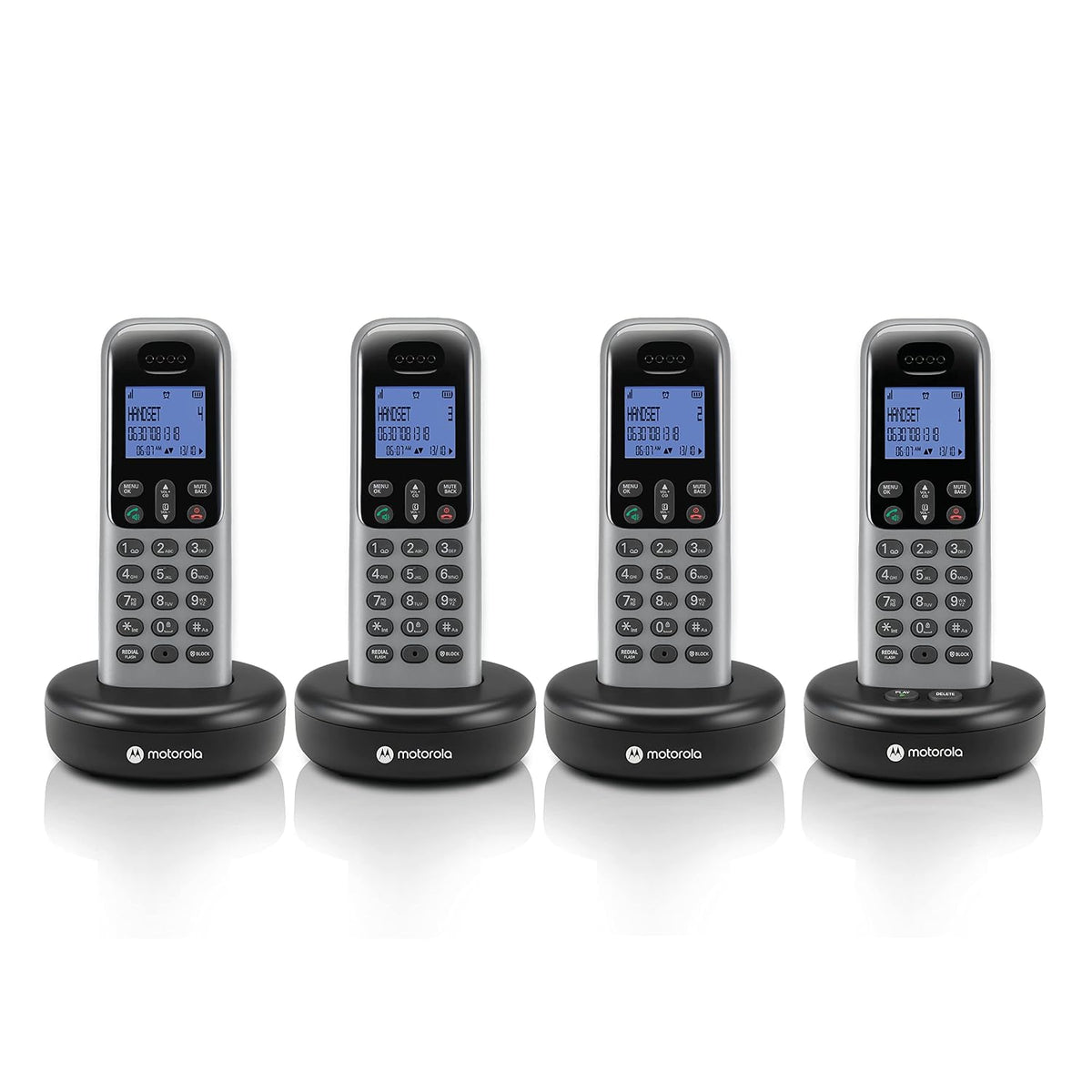 Motorola Voice Cordless Phone System w/ 4 Digital Handsets + Answering Machine, Remote Access, Call Block - Dark Grey (T614)