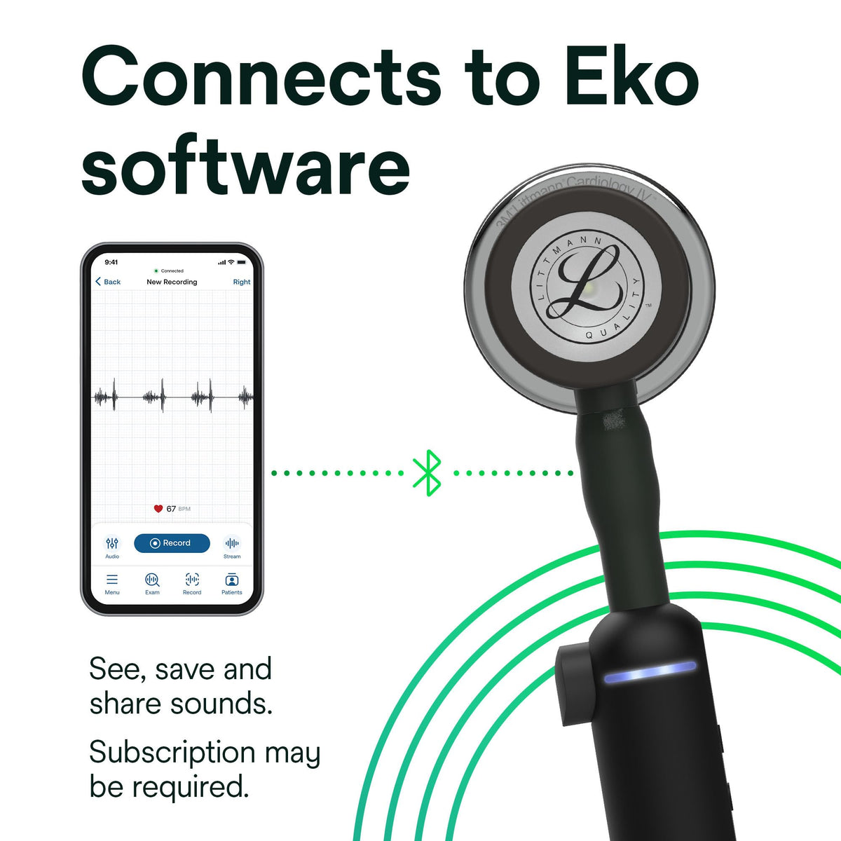 3M Littmann CORE Digital Stethoscope, Our Most Advanced Stethoscope Yet, Up To 40x Amplification, Active Noise Cancellation, In-App Sound Wave Visualization, Black-Finish Chestpiece, 8480