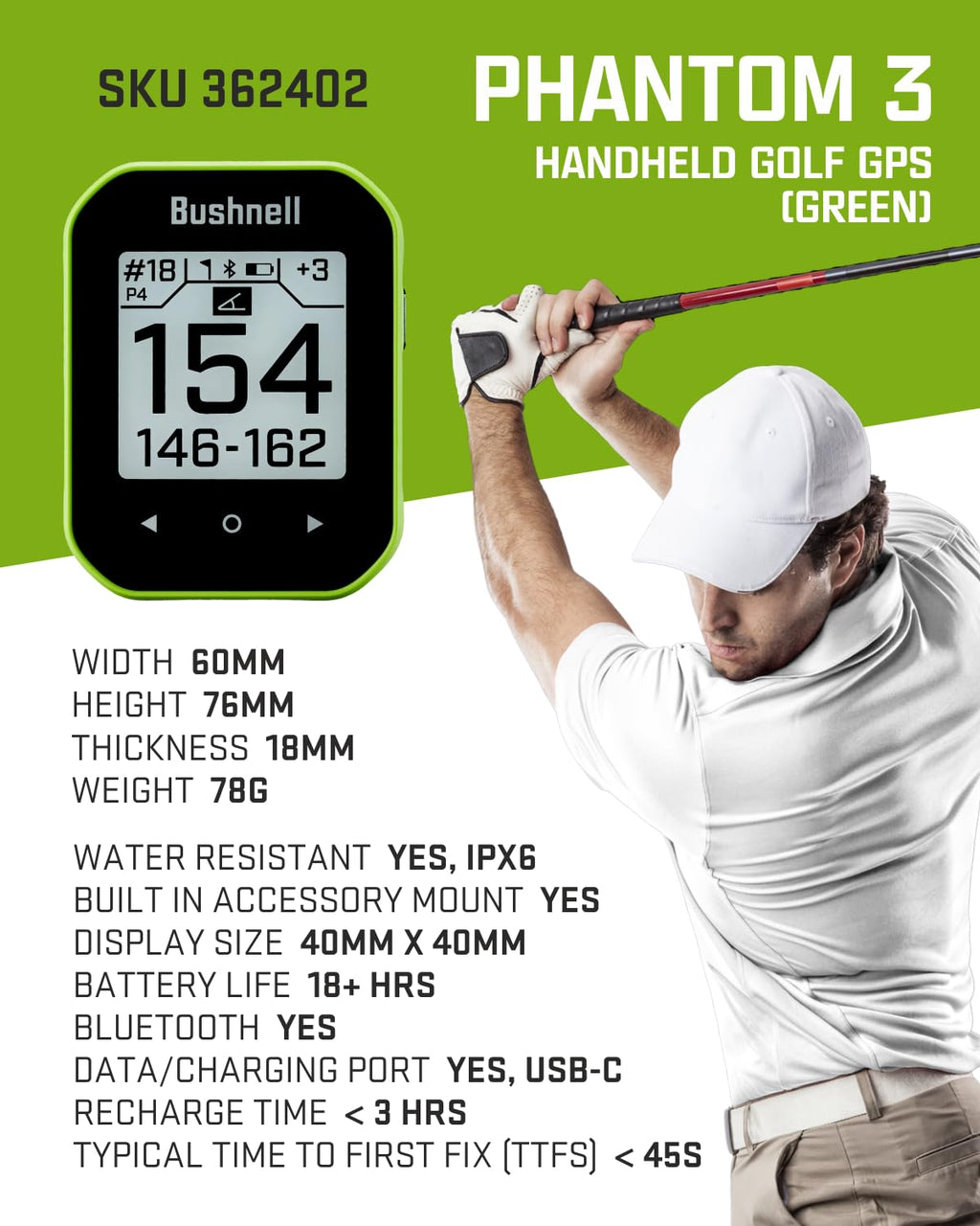 Bushnell Phantom 3 Slope Golf GPS Rangefinder (Blue) with BITE Magnetic Mount and GreenView with Slope-Adjusted Distances, 38,000+ Courses, Auto Hole Advance with Wearable4U Cleaning Cloth Bundle