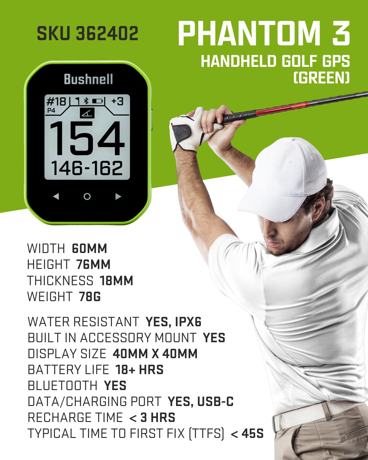 Bushnell Phantom 3 Slope Golf GPS Rangefinder (Blue) with BITE Magnetic Mount and GreenView with Slope-Adjusted Distances, 38,000+ Courses, Auto Hole Advance with Wearable4U Cleaning Cloth Bundle